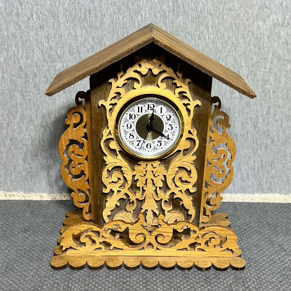 VTG Style Wooden Chalet Mantel Clock Filigree Cottage Scrollwork Tabletop WORKS